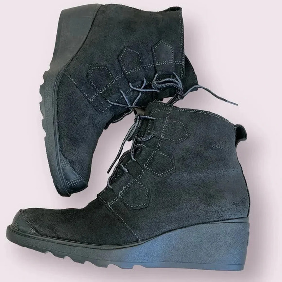 Sorel Suede Leather Waterproof Wedge Heel Ankle Bootie Lace Up Size 9 Black - Picture 8 of 16